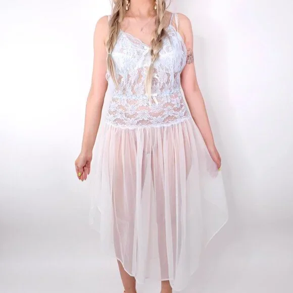 VINTAGE BLUE LACE BACKLESS SLIP DRESS - Picture 5 of 7